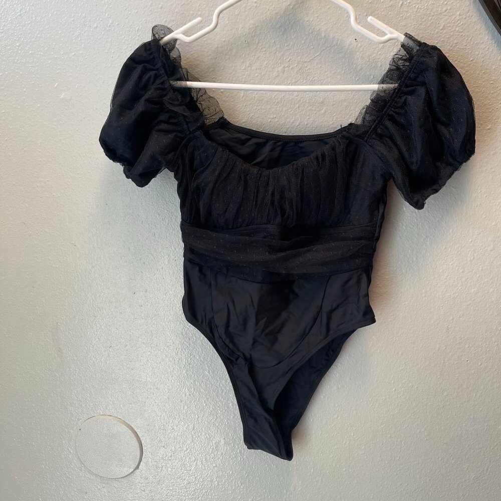 womens Bodysuit puff Sleeve Sheer Mesh Sexy Black Puff Sleeve NWOT